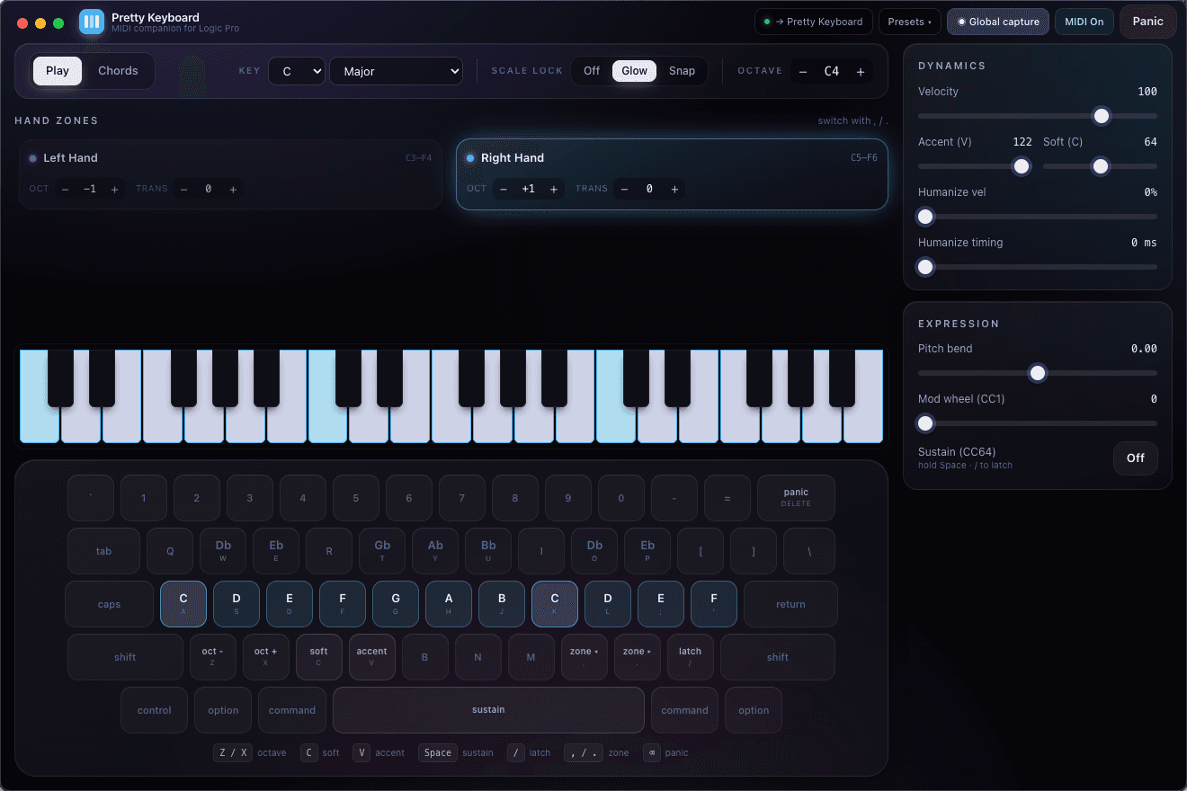 Pretty Keyboard — laptop MIDI companion for Logic Pro