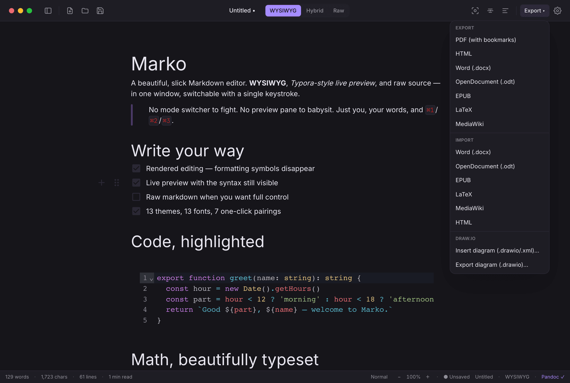 Export options in Marko